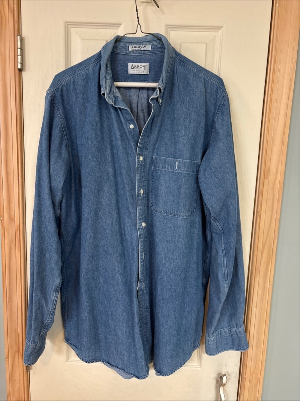 Vintage 90s Arrow Denim Button Down Shirt Mens 16.5/36 Blue Long Sleeve Pocket